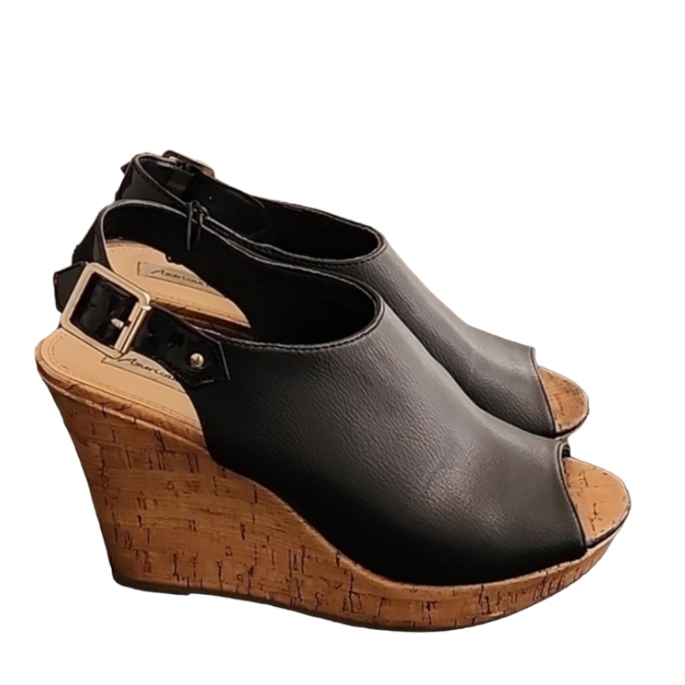 AEO AMERICAN EAGLE Slingback Cork Wedge Sandals 8.5 Pebbled Black Vegan Leather - Picture 2 of 16